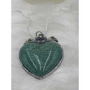 Vintage Green Crackle Heart Pendant Necklace Silver Tone Rhinestone Accents 18in